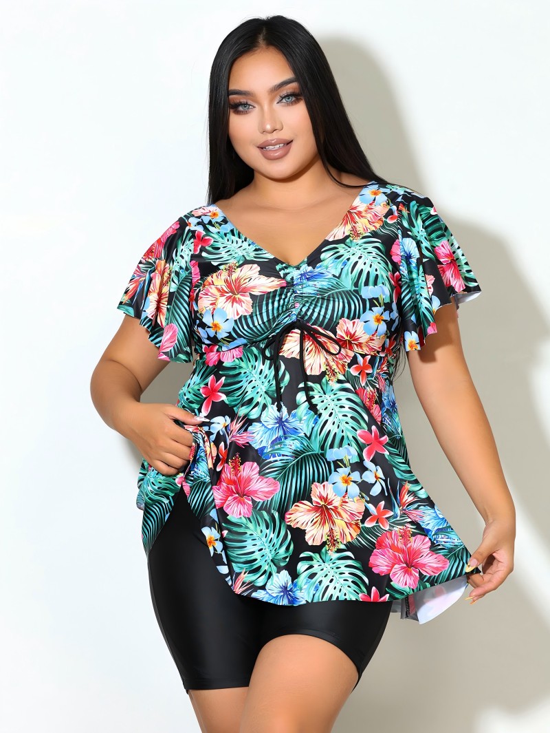 Plus Floral Print V-Neck Top With Drawstring And Boyshorts Black Swimwear Set